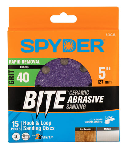 Spyder Bite ceramic abrasive sanding discs in packaging on a white background