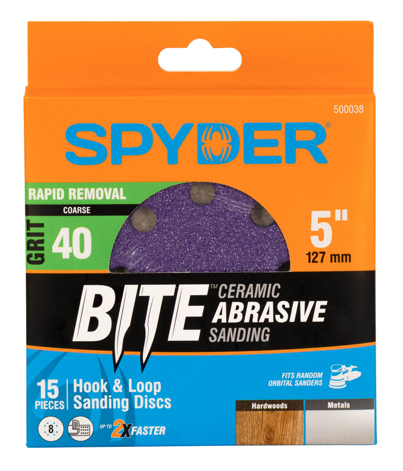 Spyder Bite ceramic abrasive sanding discs in packaging on a white background