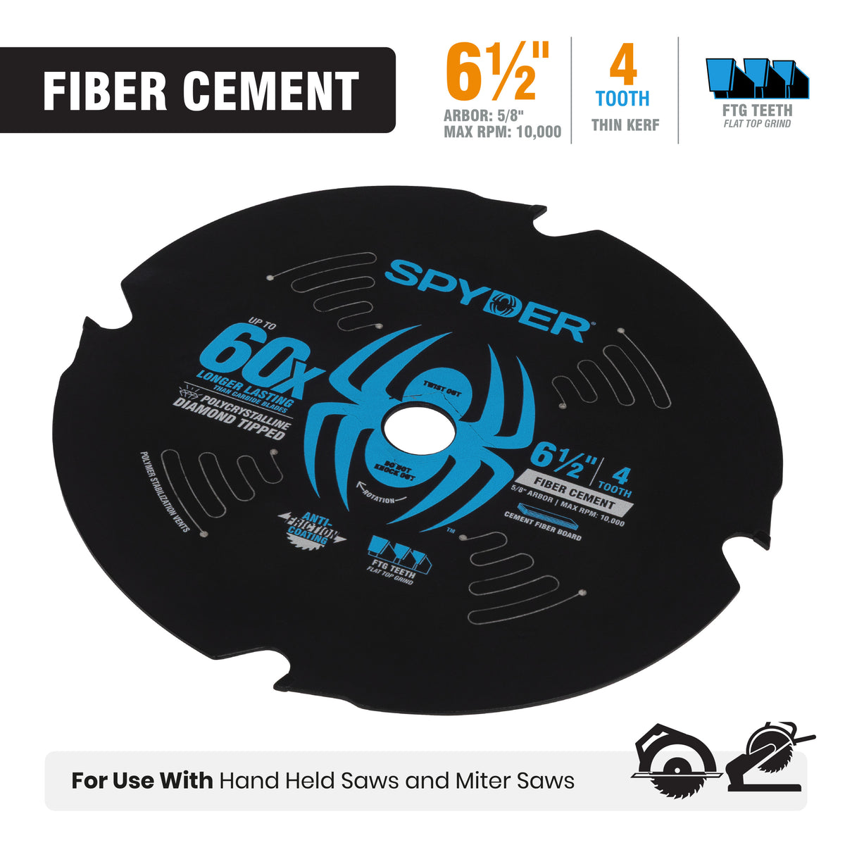 6-1/2" 4-Tooth Diamond-Tipped Saw Blade for Fiber Cement