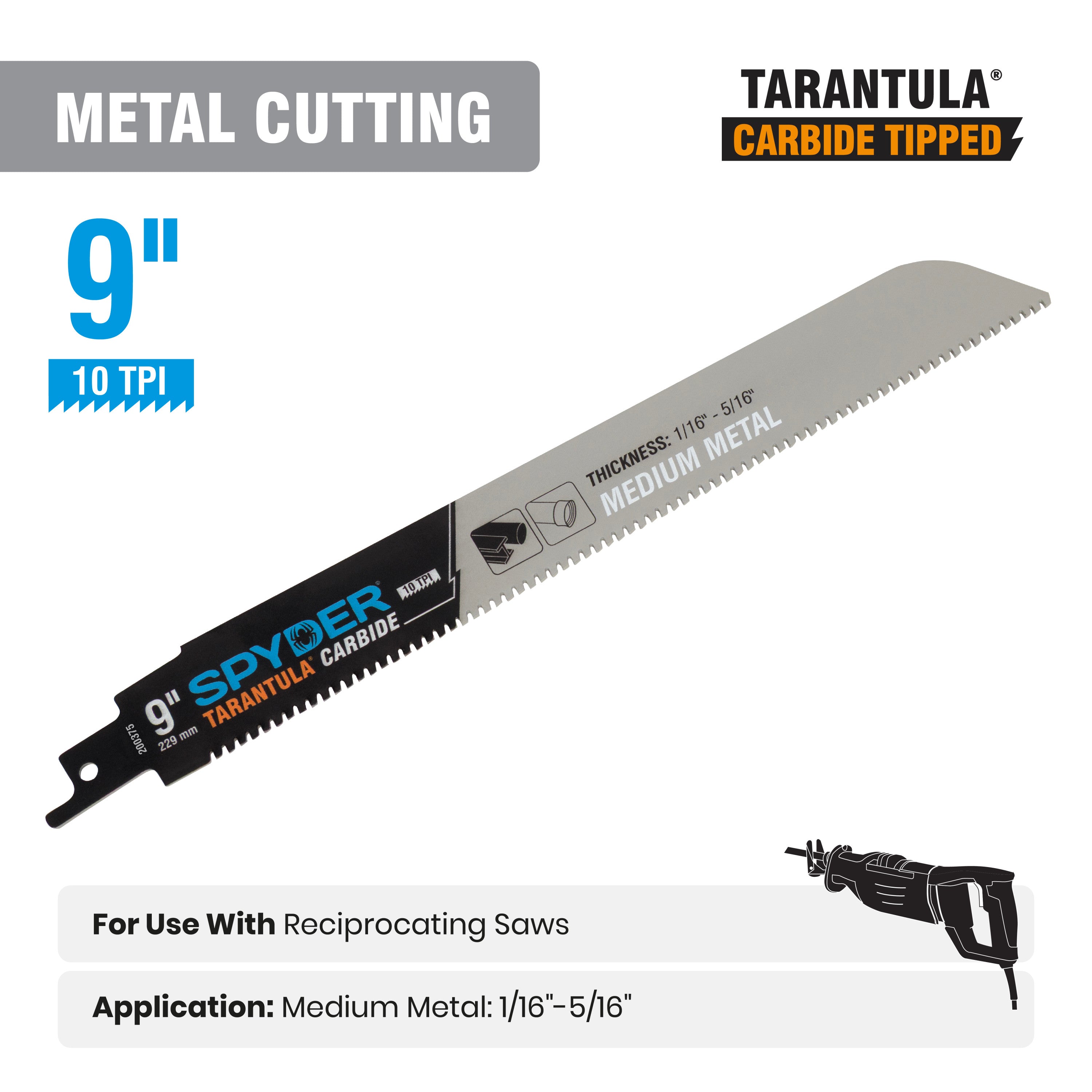 9" 10 TPI Metal Cutting Carbide Toothed Reciprocating Saw Blade Tarantula®