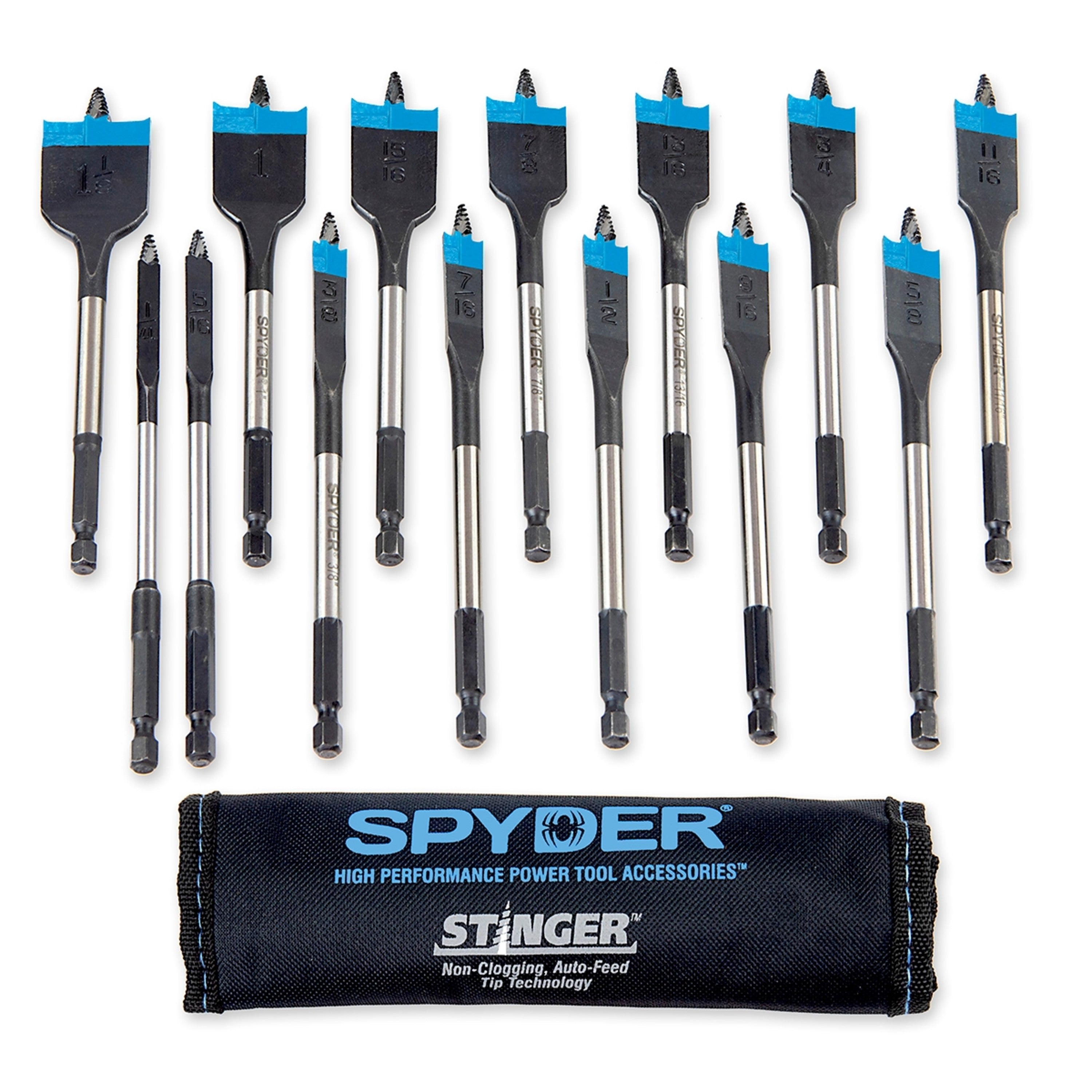 14-Piece Assorted Woodboring Spade Bit Set (1/4, 5/16, 3/8, 7/16, 1/2, 9/16, 5/8, 11/16, 3/4, 13/16, 7/8, 15/16, 1, 1-1/8") Stinger™