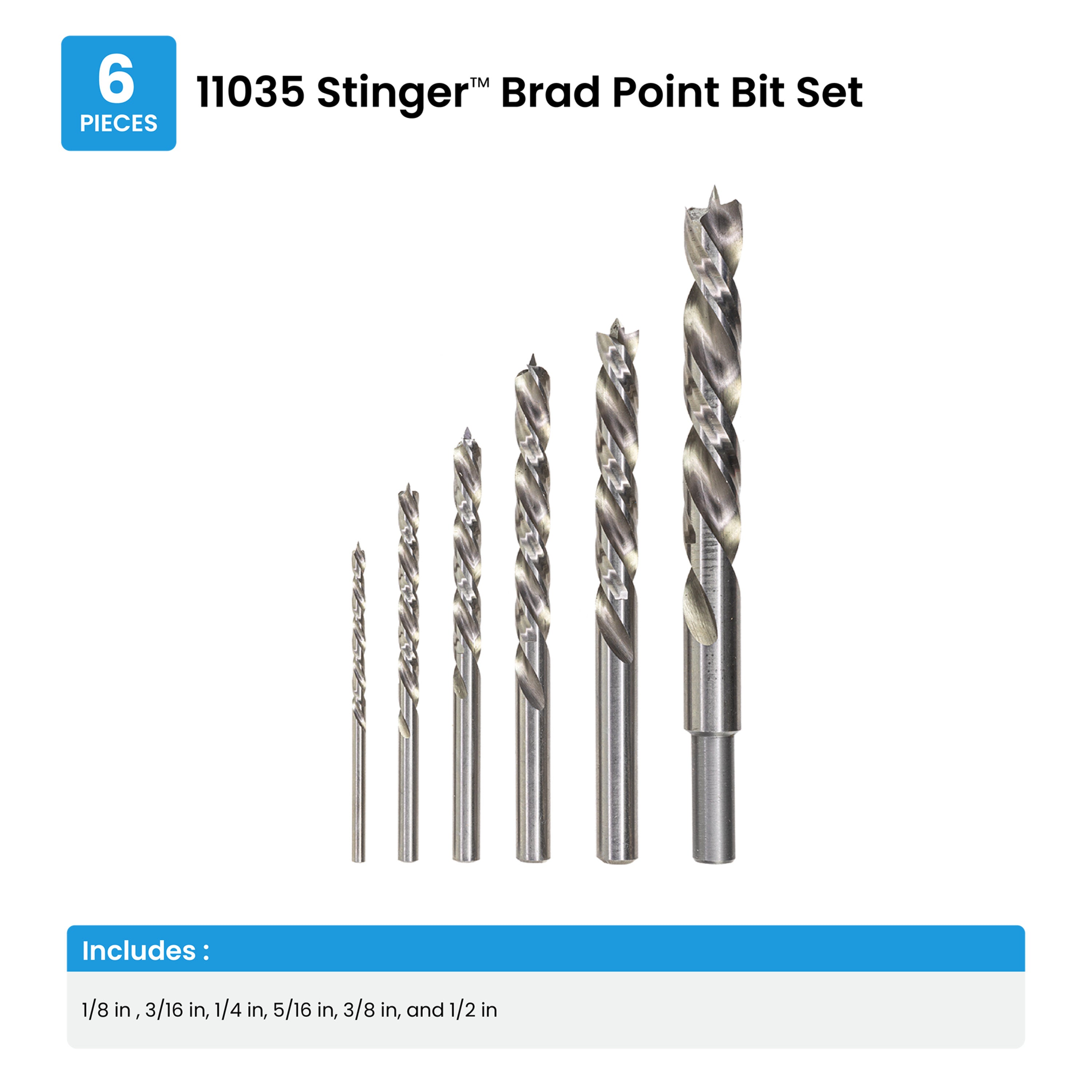 6-Piece Assorted Brad Point High Speed Steel Twist Drill Bit Set (1/8, 3/16, 1/4, 5/16, 3/8, 1/2") Stinger™