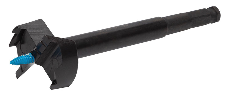 Black self-feeding drill bit with blue tip on a white background