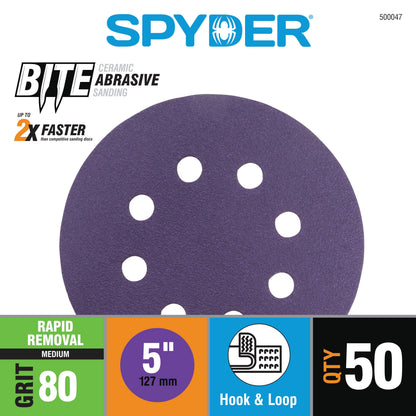 5" x 8-Hole 80 Grit Ceramic with Stearate Sanding Discs (50-Pack) Bite