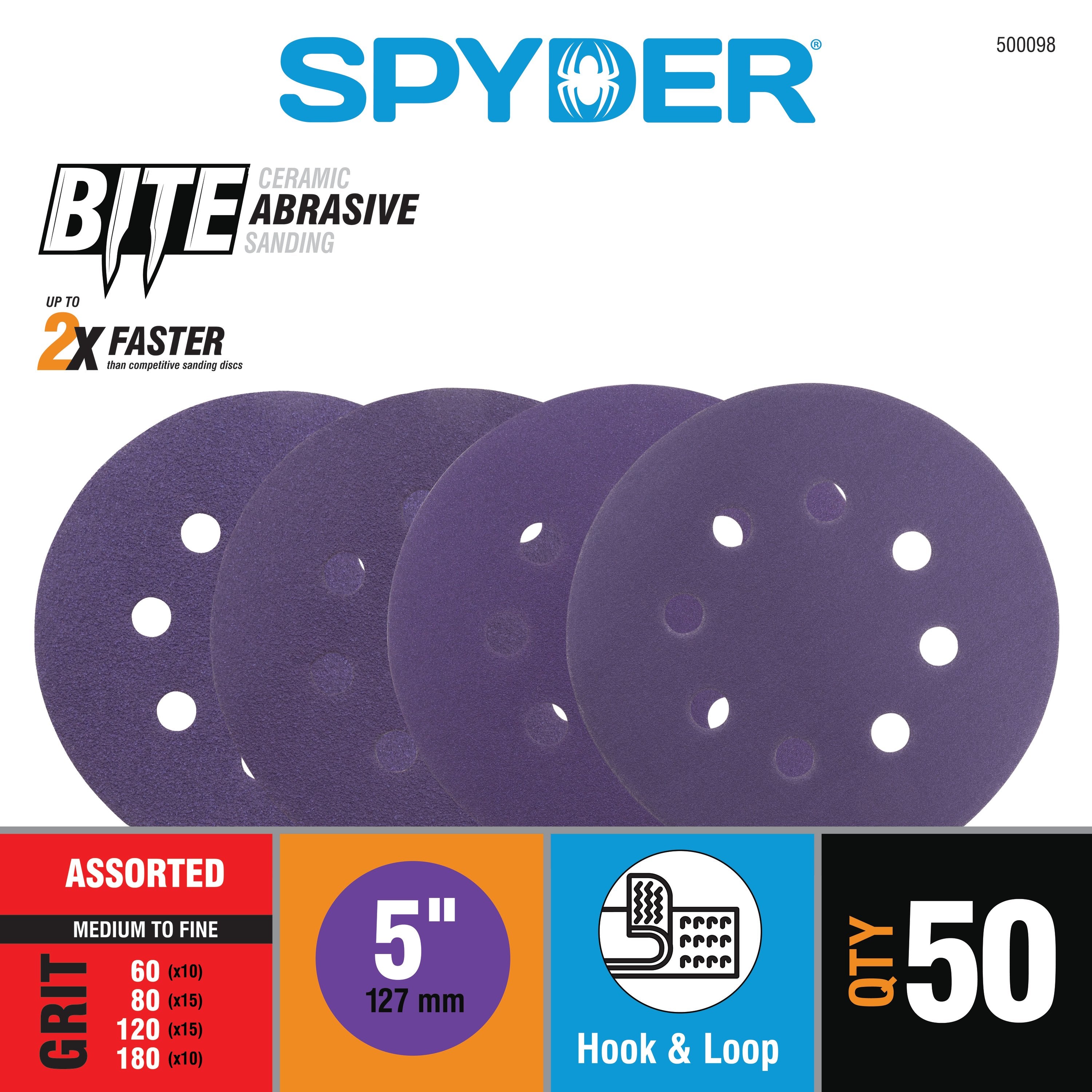 50-Piece 5" 8-Hole Ceramic Stearated Sanding Discs with Hook & Loop Backer, Assorted Grits Bite