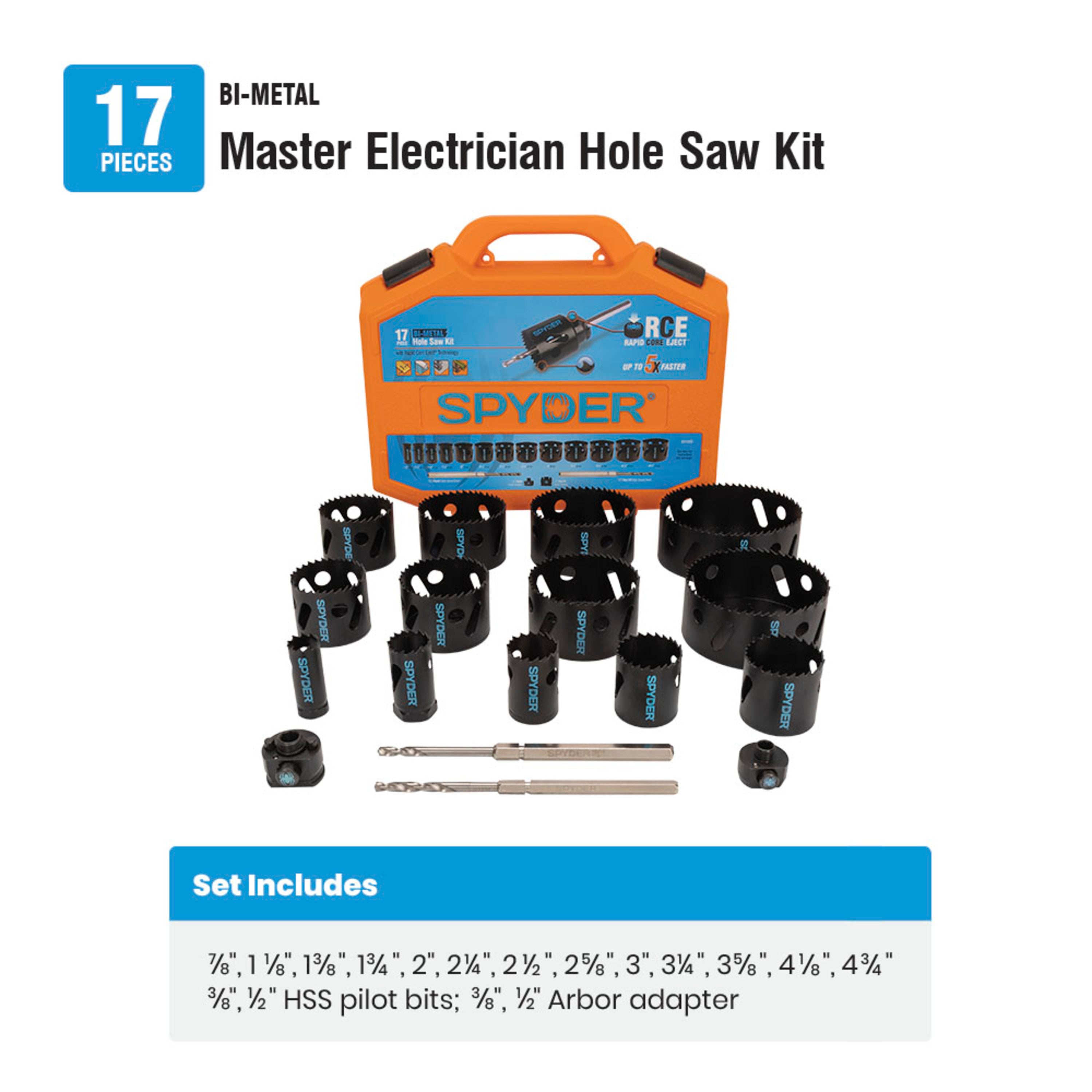 Rapid Core Eject™ 18-Piece Tungsten Carbide Tipped (TCT) Hole Saw