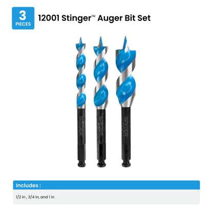 3-Piece Woodboring Auger Bit Set (1/2, 3/4, 1") Stinger™