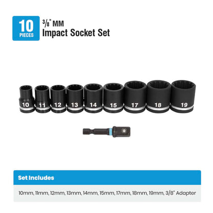 10-Piece 3/8" Drive Metric Impact Socket Set with Adapter