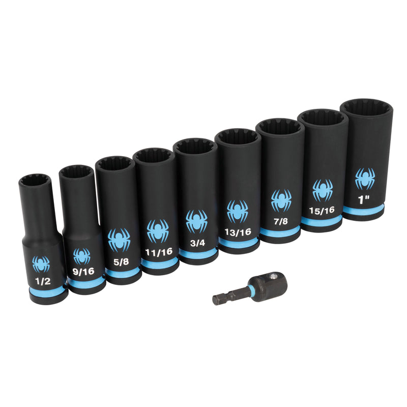 Set of black Spyder 19700 sockets with blue & white markings on a white background
