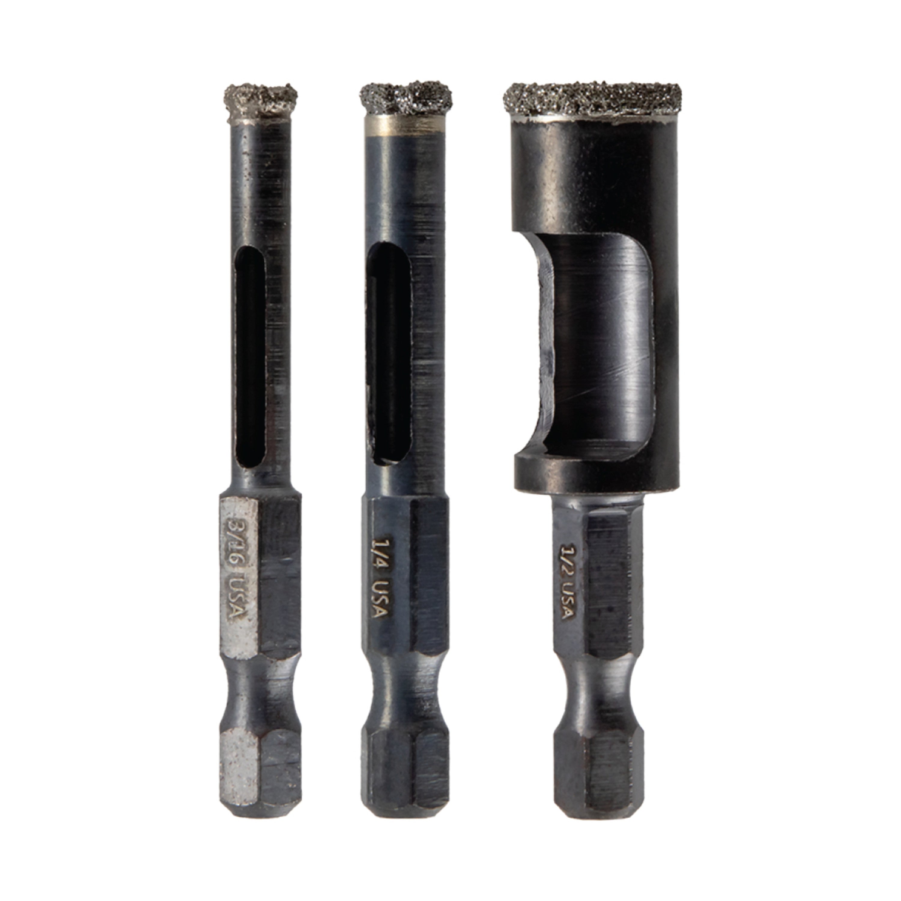 Juego de brocas de corona de diamante de 3 piezas (3/16", 1/4", 1/2")