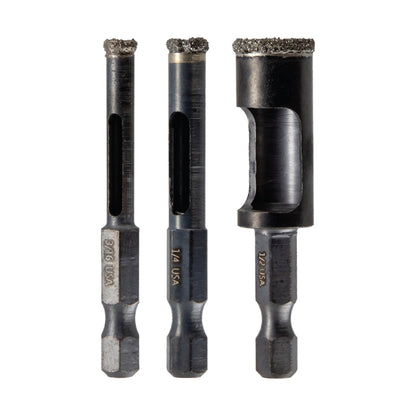 Juego de brocas de corona de diamante de 3 piezas (3/16", 1/4", 1/2")