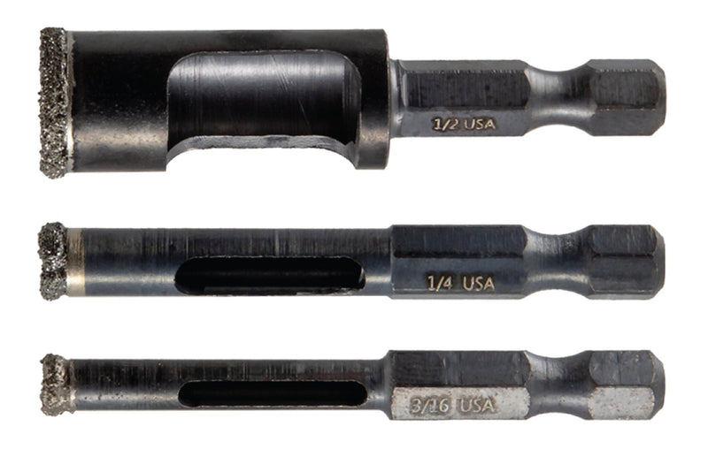A set of three black diamond edge hole saw bits of different sizes, labeled with their respective inch measurements.