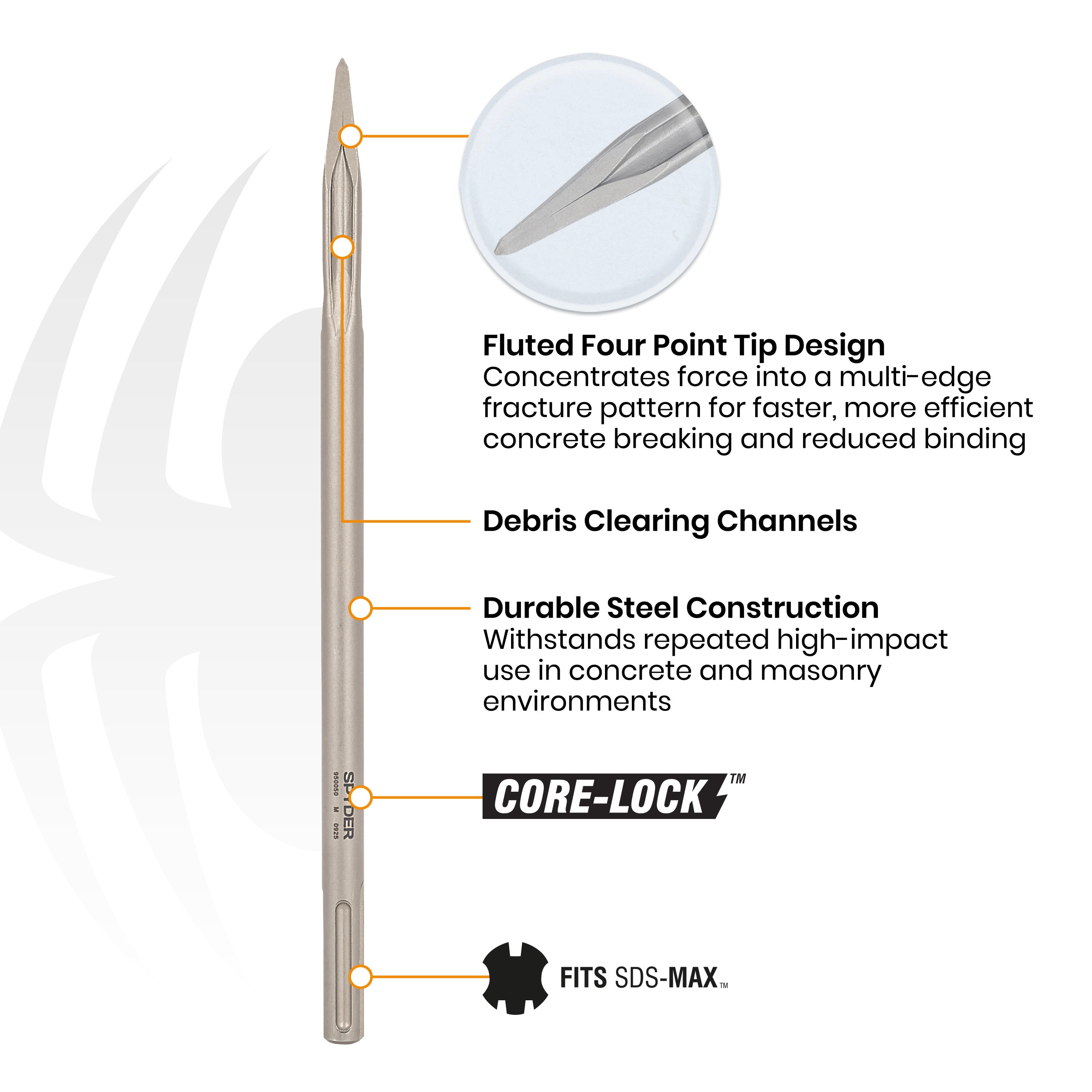 Star Point x 16" SDS-Max Fluted Chisel Bit for Concrete & Masonry