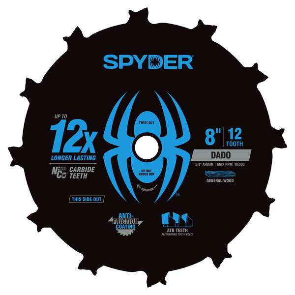 Spyder circular saw blade with blue spider logo on a black background