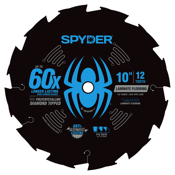 Spyder laminate flooring circular saw blade with blue spider logo and text on a white background