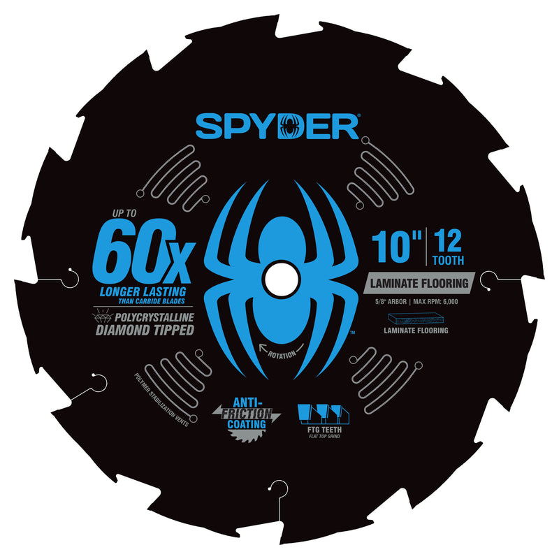 Spyder laminate flooring circular saw blade with blue spider logo and text on a white background