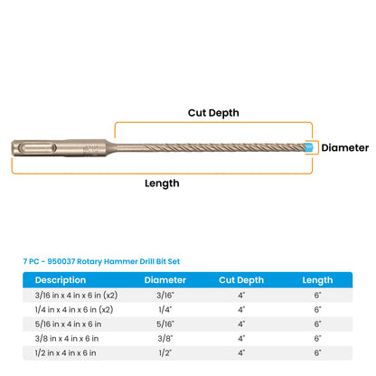 7-Piece SDS-Plus 4-Cutter Full-Carbide Rotary Hammer Drill Bit Set