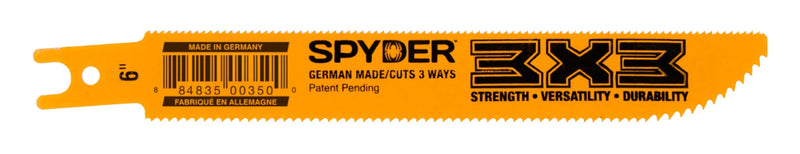 Yellow 3x3® Double-Sided Metal Cutting Spyder branded reciprocating saw blade on a white background