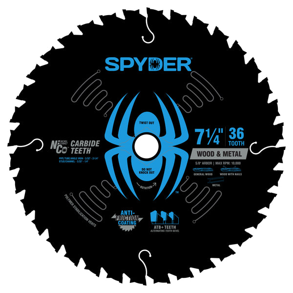 Spyder circular saw blade with blue spider design on a white background