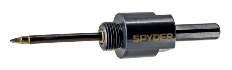 A black carbide tip pilot bit with arbor adapter for diamond edge hole saws, featuring the brand name SPYDER.
