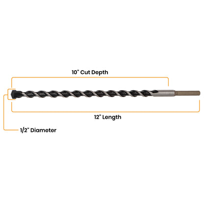 1/2" x 12" Three-Flat Grip Shank Rotary Hammer Drill Bit