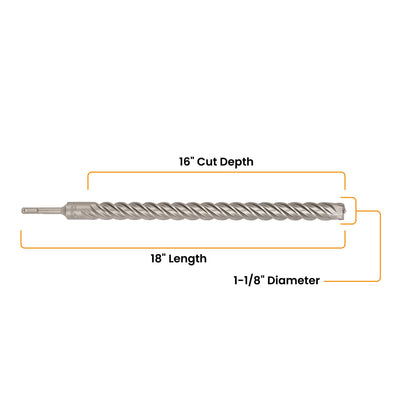 1-1/8" x 18" SDS-Plus 4-Cutter Carbide-Tipped Rotary Hammer Drill Bit