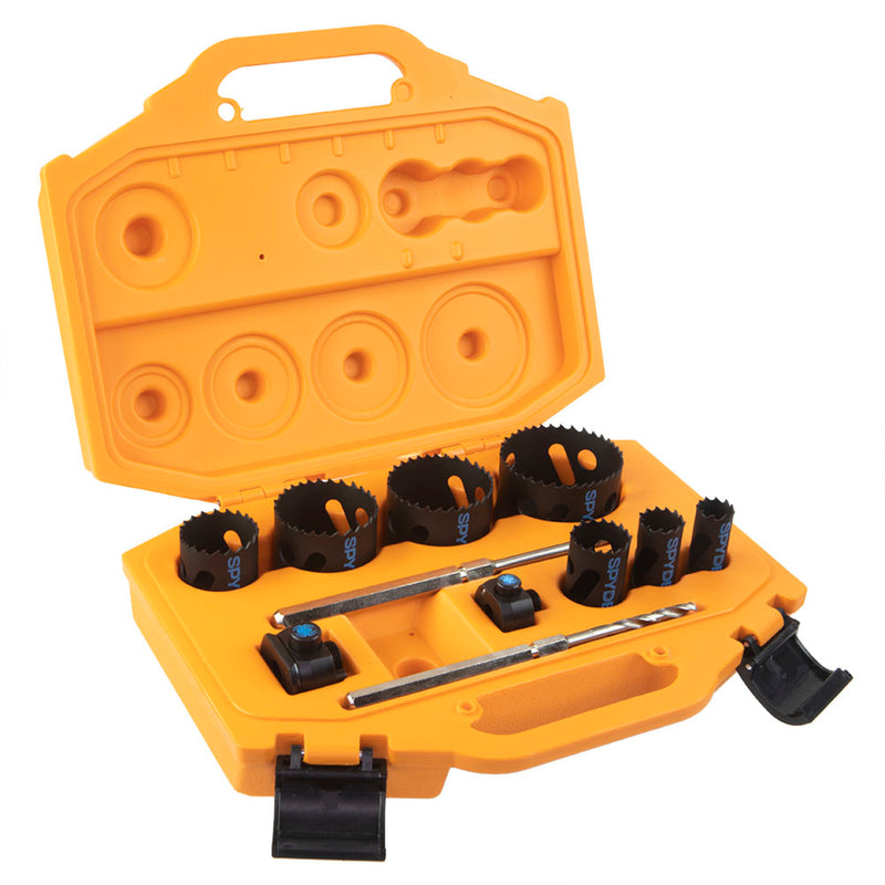 An 11-piece bi-metal hole saw kit in a yellow carrying case with various sized saws and accessories displayed.