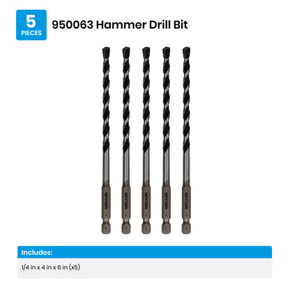 1/4" x 6" Impact Shank Hammer Drill Bit (5-Pack)