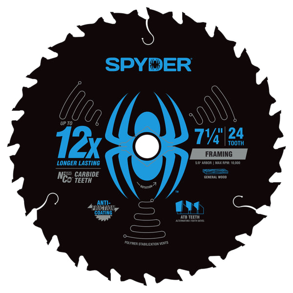 Spyder circular saw blade with blue spider logo on a black background