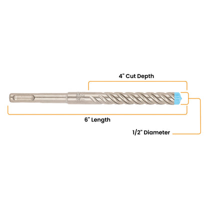 1/2" x 6" SDS-Plus 4-Cutter Full-Carbide Rotary Hammer Drill Bit