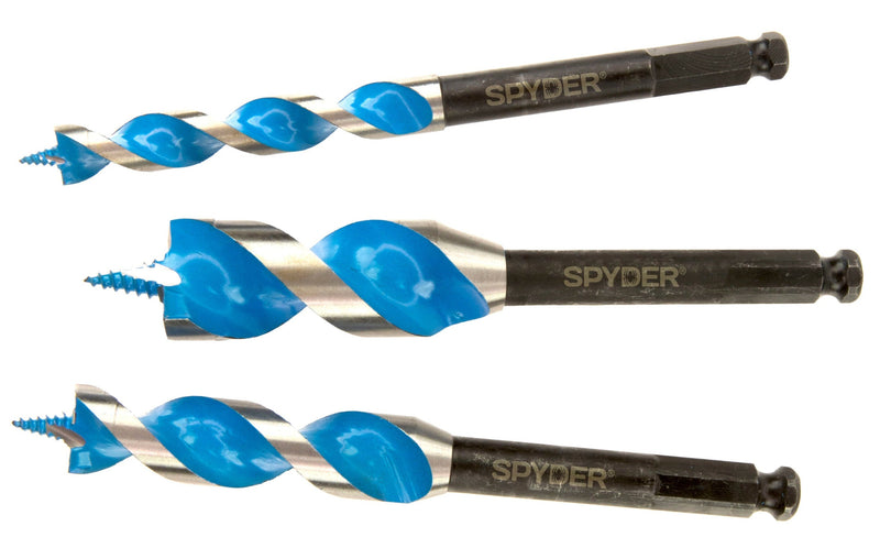 Three auger drill bits with blue non-clogging tips and black shafts, arranged side by side.