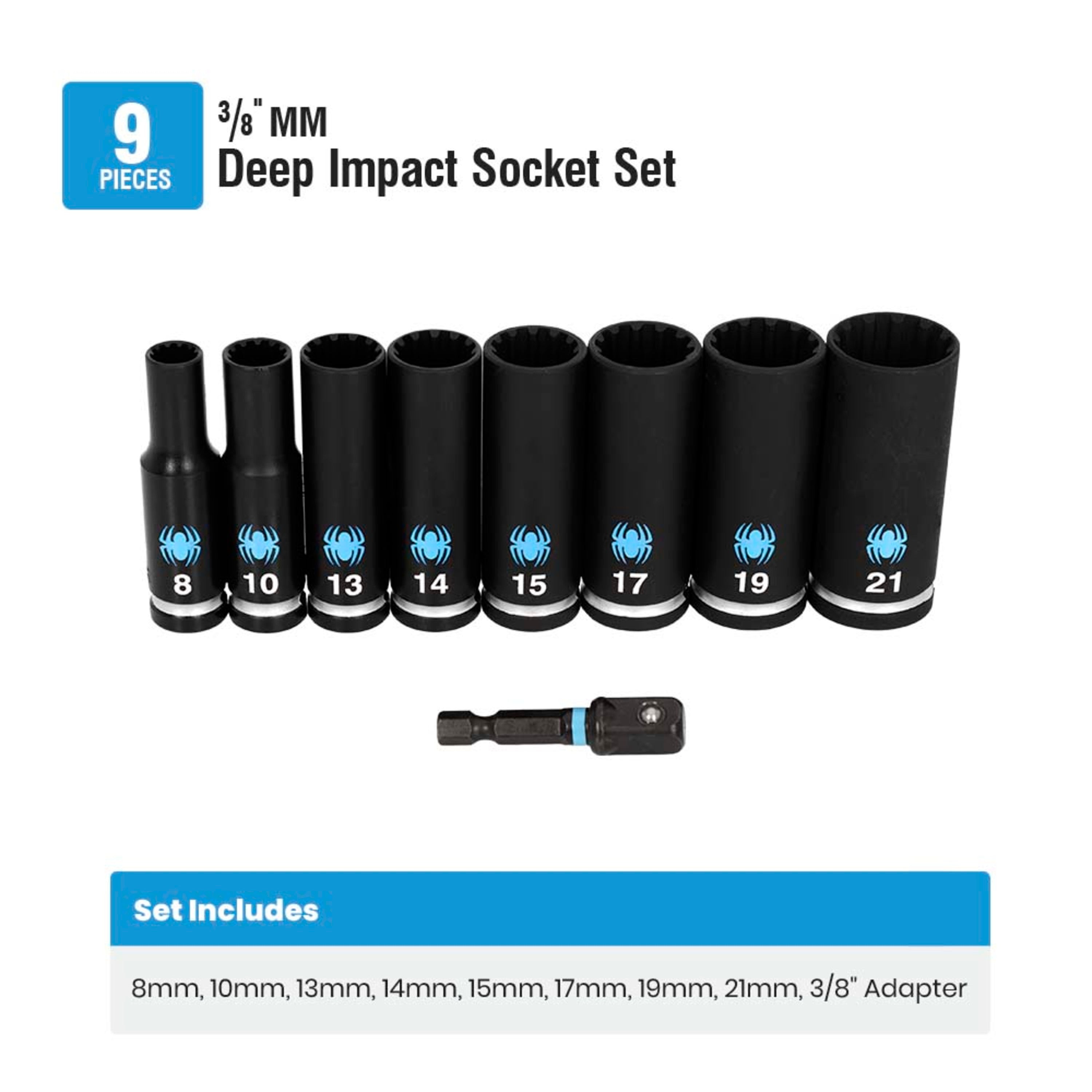 9-Piece 3/8" Drive Deep Thin-Walled Metric Impact Socket Set with Adapter